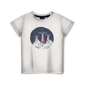 Детская футболка 3D с принтом НЛО в Горах в Новосибирске, 100% гипоаллергенный полиэфир | прямой крой, круглый вырез горловины, длина до линии бедер, чуть спущенное плечо, ткань немного тянется | горы | елки | звезды | земля | инопланетяне | небо | ночь | радуга | снег | тарелка | эверест | эльбрус
