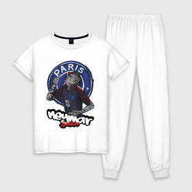 Женская пижама хлопок с принтом Neymar ПСЖ в Новосибирске, 100% хлопок | брюки и футболка прямого кроя, без карманов, на брюках мягкая резинка на поясе и по низу штанин | junior | neymar | paris saint germain | psg | неймар | сборная бразилии | футбол