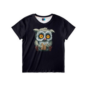 Детская футболка 3D с принтом Сова с Печенькой в Новосибирске, 100% гипоаллергенный полиэфир | прямой крой, круглый вырез горловины, длина до линии бедер, чуть спущенное плечо, ткань немного тянется | вкусняшка | милота | мимими | печенье | прелесть | птица | совушка | филин | юмор