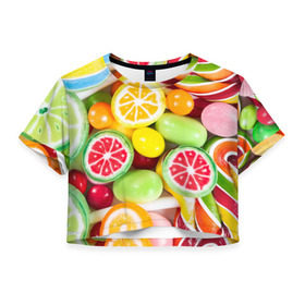 Женская футболка 3D укороченная с принтом Candy в Новосибирске, 100% полиэстер | круглая горловина, длина футболки до линии талии, рукава с отворотами | candy | colorful | lollipop | sweet | конфеты | леденцы | сладости
