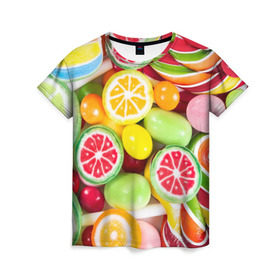 Женская футболка 3D с принтом Candy в Новосибирске, 100% полиэфир ( синтетическое хлопкоподобное полотно) | прямой крой, круглый вырез горловины, длина до линии бедер | candy | colorful | lollipop | sweet | конфеты | леденцы | сладости