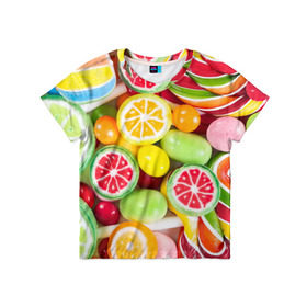 Детская футболка 3D с принтом Candy в Новосибирске, 100% гипоаллергенный полиэфир | прямой крой, круглый вырез горловины, длина до линии бедер, чуть спущенное плечо, ткань немного тянется | Тематика изображения на принте: candy | colorful | lollipop | sweet | конфеты | леденцы | сладости