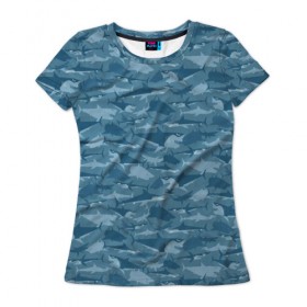 Женская футболка 3D с принтом Акулы в Новосибирске, 100% полиэфир ( синтетическое хлопкоподобное полотно) | прямой крой, круглый вырез горловины, длина до линии бедер | shark | акула | акулы | вода | море | океан | рыба | хищник