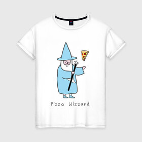 Женская футболка хлопок с принтом Заклинатель пиццы в Новосибирске, 100% хлопок | прямой крой, круглый вырез горловины, длина до линии бедер, слегка спущенное плечо | Тематика изображения на принте: magic | pizza | wizzard | арт | волшебник | маг | магия | пицца