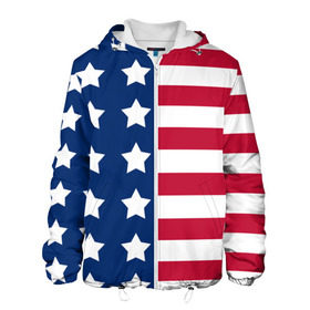 Мужская куртка 3D с принтом USA Flag в Новосибирске, ткань верха — 100% полиэстер, подклад — флис | прямой крой, подол и капюшон оформлены резинкой с фиксаторами, два кармана без застежек по бокам, один большой потайной карман на груди. Карман на груди застегивается на липучку | star | usa | америка | белый | звезды | красный | линии | полосы | популярные | синий | сша | триколор | туристические | флаг | цвет | штаты
