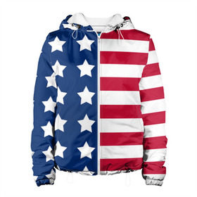 Женская куртка 3D с принтом USA Flag в Новосибирске, ткань верха — 100% полиэстер, подклад — флис | прямой крой, подол и капюшон оформлены резинкой с фиксаторами, два кармана без застежек по бокам, один большой потайной карман на груди. Карман на груди застегивается на липучку | star | usa | америка | белый | звезды | красный | линии | полосы | популярные | синий | сша | триколор | туристические | флаг | цвет | штаты