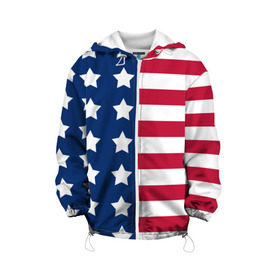Детская куртка 3D с принтом USA Flag в Новосибирске, 100% полиэстер | застежка — молния, подол и капюшон оформлены резинкой с фиксаторами, по бокам — два кармана без застежек, один потайной карман на груди, плотность верхнего слоя — 90 г/м2; плотность флисового подклада — 260 г/м2 | star | usa | америка | белый | звезды | красный | линии | полосы | популярные | синий | сша | триколор | туристические | флаг | цвет | штаты
