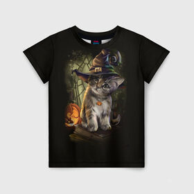 Детская футболка 3D с принтом Ведьмин котенок в Новосибирске, 100% гипоаллергенный полиэфир | прямой крой, круглый вырез горловины, длина до линии бедер, чуть спущенное плечо, ткань немного тянется | Тематика изображения на принте: jack | ведьма | кот | котенок | кошка | тыква | хэллоуин