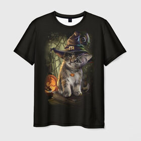 Мужская футболка 3D с принтом Ведьмин котенок в Новосибирске, 100% полиэфир | прямой крой, круглый вырез горловины, длина до линии бедер | jack | ведьма | кот | котенок | кошка | тыква | хэллоуин