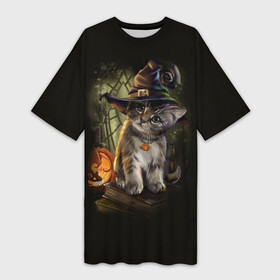 Платье-футболка 3D с принтом Ведьмин котенок в Новосибирске,  |  | jack | ведьма | кот | котенок | кошка | тыква | хэллоуин
