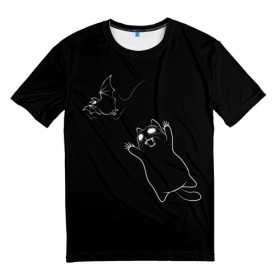 Мужская футболка 3D с принтом Cat Monster в Новосибирске, 100% полиэфир | прямой крой, круглый вырез горловины, длина до линии бедер | cat | halloween | арт | животные | кот | котик | кошки | монстр | мышь | праздник | хэллоуин | черно белый
