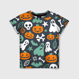 Детская футболка 3D с принтом Halloween в Новосибирске, 100% гипоаллергенный полиэфир | прямой крой, круглый вырез горловины, длина до линии бедер, чуть спущенное плечо, ткань немного тянется | звёзды | кости | летучие мыши | листья | привидения | тыквы