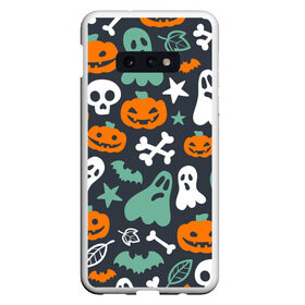 Чехол для Samsung S10E с принтом Halloween в Новосибирске, Силикон | Область печати: задняя сторона чехла, без боковых панелей | Тематика изображения на принте: звёзды | кости | летучие мыши | листья | привидения | тыквы