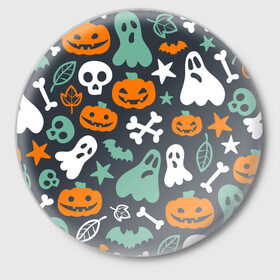 Значок с принтом Halloween в Новосибирске,  металл | круглая форма, металлическая застежка в виде булавки | звёзды | кости | летучие мыши | листья | привидения | тыквы