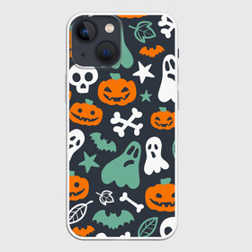 Чехол для iPhone 13 mini с принтом Halloween в Новосибирске,  |  | звёзды | кости | летучие мыши | листья | привидения | тыквы