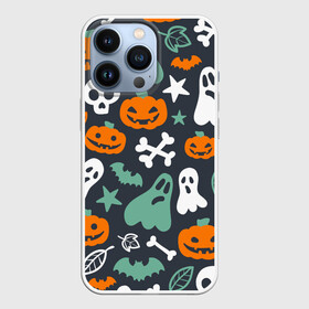 Чехол для iPhone 13 Pro с принтом Halloween в Новосибирске,  |  | звёзды | кости | летучие мыши | листья | привидения | тыквы