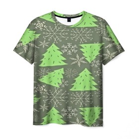 Мужская футболка 3D с принтом Зелёные ёлочки в Новосибирске, 100% полиэфир | прямой крой, круглый вырез горловины, длина до линии бедер | new year | santa | дед мороз | елка | елочки | новогодний | новый год | рождество | сантаклаус | снег | снежинки