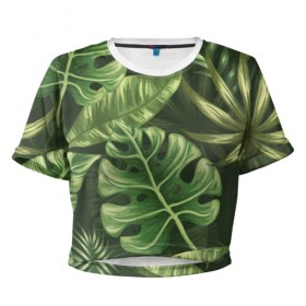 Женская футболка 3D укороченная с принтом Доисторический лес в Новосибирске, 100% полиэстер | круглая горловина, длина футболки до линии талии, рукава с отворотами | vppdgryphon | арт | краска | лес | папоротник | прикольные | тропики | цветные | цветок | цветы