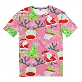 Мужская футболка 3D с принтом New Year в Новосибирске, 100% полиэфир | прямой крой, круглый вырез горловины, длина до линии бедер | new year | santa | дед мороз | елка | елочки | новогодний | новый год | рождество | сантаклаус | снег | снежинки