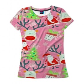 Женская футболка 3D с принтом New Year в Новосибирске, 100% полиэфир ( синтетическое хлопкоподобное полотно) | прямой крой, круглый вырез горловины, длина до линии бедер | new year | santa | дед мороз | елка | елочки | новогодний | новый год | рождество | сантаклаус | снег | снежинки