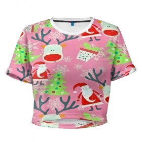 Женская футболка 3D укороченная с принтом New Year в Новосибирске, 100% полиэстер | круглая горловина, длина футболки до линии талии, рукава с отворотами | new year | santa | дед мороз | елка | елочки | новогодний | новый год | рождество | сантаклаус | снег | снежинки