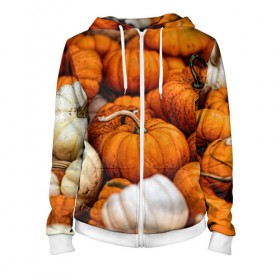 Женская толстовка 3D на молнии с принтом тыквы в Новосибирске, 100% полиэстер | длина до линии бедра, манжеты и пояс оформлены мягкой тканевой резинкой, двухслойный капюшон со шнурком для регулировки, спереди молния, по бокам два кармана | halloween | дача | овощи | октябрь | оранжевый | осень | сентябрь | тыква | хеллуин