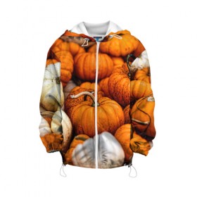Детская куртка 3D с принтом тыквы в Новосибирске, 100% полиэстер | застежка — молния, подол и капюшон оформлены резинкой с фиксаторами, по бокам — два кармана без застежек, один потайной карман на груди, плотность верхнего слоя — 90 г/м2; плотность флисового подклада — 260 г/м2 | halloween | дача | овощи | октябрь | оранжевый | осень | сентябрь | тыква | хеллуин