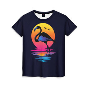 Женская футболка 3D с принтом Фламинго дитя заката в Новосибирске, 100% полиэфир ( синтетическое хлопкоподобное полотно) | прямой крой, круглый вырез горловины, длина до линии бедер | Тематика изображения на принте: закат | море | птица | ретро | стиль | фламинго