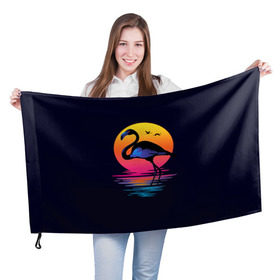 Флаг 3D с принтом Фламинго дитя заката в Новосибирске, 100% полиэстер | плотность ткани — 95 г/м2, размер — 67 х 109 см. Принт наносится с одной стороны | Тематика изображения на принте: закат | море | птица | ретро | стиль | фламинго