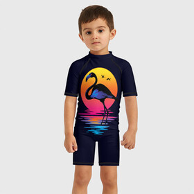 Детский купальный костюм 3D с принтом Фламинго дитя заката в Новосибирске, Полиэстер 85%, Спандекс 15% | застежка на молнии на спине | закат | море | птица | ретро | стиль | фламинго
