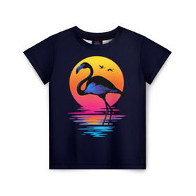 Детская футболка 3D с принтом Фламинго дитя заката в Новосибирске, 100% гипоаллергенный полиэфир | прямой крой, круглый вырез горловины, длина до линии бедер, чуть спущенное плечо, ткань немного тянется | закат | море | птица | ретро | стиль | фламинго