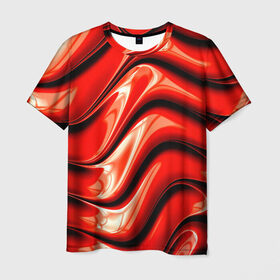 Мужская футболка 3D с принтом Жидкие металл (красный) в Новосибирске, 100% полиэфир | прямой крой, круглый вырез горловины, длина до линии бедер | абстракция | блеск | блики | краска | линии | металл | отражение | узоры