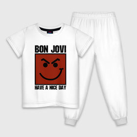 Детская пижама хлопок с принтом Bon Jovi, have a nice day в Новосибирске, 100% хлопок |  брюки и футболка прямого кроя, без карманов, на брюках мягкая резинка на поясе и по низу штанин
 | Тематика изображения на принте: bon jovi | бон | бон джови | глэм | группа | джови | джон | метал | рок | хард