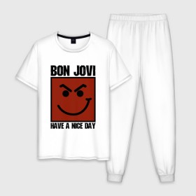 Мужская пижама хлопок с принтом Bon Jovi, have a nice day в Новосибирске, 100% хлопок | брюки и футболка прямого кроя, без карманов, на брюках мягкая резинка на поясе и по низу штанин
 | bon jovi | бон | бон джови | глэм | группа | джови | джон | метал | рок | хард