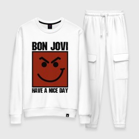 Женский костюм хлопок с принтом Bon Jovi, have a nice day в Новосибирске, 100% хлопок | на свитшоте круглая горловина, мягкая резинка по низу. Брюки заужены к низу, на них два вида карманов: два 