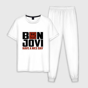 Мужская пижама хлопок с принтом Bon Jovi, have a nice day в Новосибирске, 100% хлопок | брюки и футболка прямого кроя, без карманов, на брюках мягкая резинка на поясе и по низу штанин
 | bon jovi | бон | бон джови | глэм | группа | джови | джон | метал | рок | хард