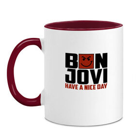 Кружка двухцветная с принтом Bon Jovi, have a nice day в Новосибирске, керамика | объем — 330 мл, диаметр — 80 мм. Цветная ручка и кайма сверху, в некоторых цветах — вся внутренняя часть | bon jovi | бон | бон джови | глэм | группа | джови | джон | метал | рок | хард