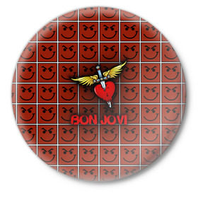 Значок с принтом Смайлы Bon Jovi в Новосибирске,  металл | круглая форма, металлическая застежка в виде булавки | bon jovi | бон | бон джови | глэм | группа | джови | джон | рок | хард