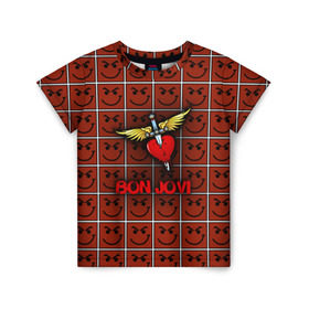 Детская футболка 3D с принтом Смайлы Bon Jovi в Новосибирске, 100% гипоаллергенный полиэфир | прямой крой, круглый вырез горловины, длина до линии бедер, чуть спущенное плечо, ткань немного тянется | bon jovi | бон | бон джови | глэм | группа | джови | джон | рок | хард