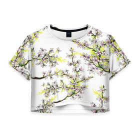 Женская футболка 3D укороченная с принтом Сакура в Новосибирске, 100% полиэстер | круглая горловина, длина футболки до линии талии, рукава с отворотами | арт | краска | прикольные | сакура | тропики | цветные | цветок | цветы | япония