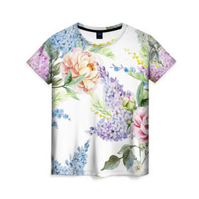 Женская футболка 3D с принтом Сирень и Пионы в Новосибирске, 100% полиэфир ( синтетическое хлопкоподобное полотно) | прямой крой, круглый вырез горловины, длина до линии бедер | арт | краска | пион | пионы | прикольные | сирень | тропики | цветные | цветок | цветы