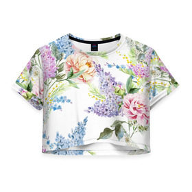 Женская футболка 3D укороченная с принтом Сирень и Пионы в Новосибирске, 100% полиэстер | круглая горловина, длина футболки до линии талии, рукава с отворотами | арт | краска | пион | пионы | прикольные | сирень | тропики | цветные | цветок | цветы