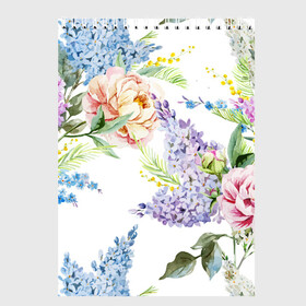 Скетчбук с принтом Сирень и Пионы в Новосибирске, 100% бумага
 | 48 листов, плотность листов — 100 г/м2, плотность картонной обложки — 250 г/м2. Листы скреплены сверху удобной пружинной спиралью | Тематика изображения на принте: арт | краска | пион | пионы | прикольные | сирень | тропики | цветные | цветок | цветы