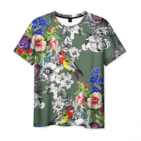Мужская футболка 3D с принтом Райский остров в Новосибирске, 100% полиэфир | прямой крой, круглый вырез горловины, длина до линии бедер | арт | краска | попугаи | попугай | прикольные | рай | тропики | цветные | цветок | цветы