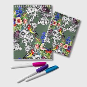 Блокнот с принтом Райский остров в Новосибирске, 100% бумага | 48 листов, плотность листов — 60 г/м2, плотность картонной обложки — 250 г/м2. Листы скреплены удобной пружинной спиралью. Цвет линий — светло-серый
 | арт | краска | попугаи | попугай | прикольные | рай | тропики | цветные | цветок | цветы