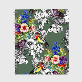 Тетрадь с принтом Райский остров в Новосибирске, 100% бумага | 48 листов, плотность листов — 60 г/м2, плотность картонной обложки — 250 г/м2. Листы скреплены сбоку удобной пружинной спиралью. Уголки страниц и обложки скругленные. Цвет линий — светло-серый
 | арт | краска | попугаи | попугай | прикольные | рай | тропики | цветные | цветок | цветы