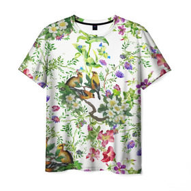 Мужская футболка 3D с принтом Райский остров в Новосибирске, 100% полиэфир | прямой крой, круглый вырез горловины, длина до линии бедер | арт | краска | попугаи | попугай | прикольные | рай | тропики | цветные | цветок | цветы