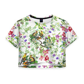 Женская футболка 3D укороченная с принтом Райский остров в Новосибирске, 100% полиэстер | круглая горловина, длина футболки до линии талии, рукава с отворотами | арт | краска | попугаи | попугай | прикольные | рай | тропики | цветные | цветок | цветы