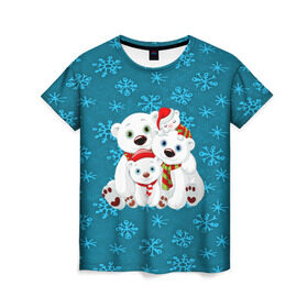 Женская футболка 3D с принтом Новогодние мишки в Новосибирске, 100% полиэфир ( синтетическое хлопкоподобное полотно) | прямой крой, круглый вырез горловины, длина до линии бедер | new year | santa | дед мороз | елка | елочки | новогодний | новый год | рождество | сантаклаус | снег | снежинки