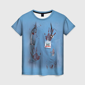 Женская футболка 3D с принтом Костюм врача кровь в Новосибирске, 100% полиэфир ( синтетическое хлопкоподобное полотно) | прямой крой, круглый вырез горловины, длина до линии бедер | больница | врач | доктор | клиника | кровь